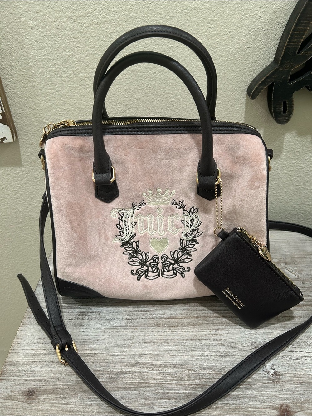 Juicy Couture Pale Pink Velvet Satchel with Black Trim and Coin Pouch